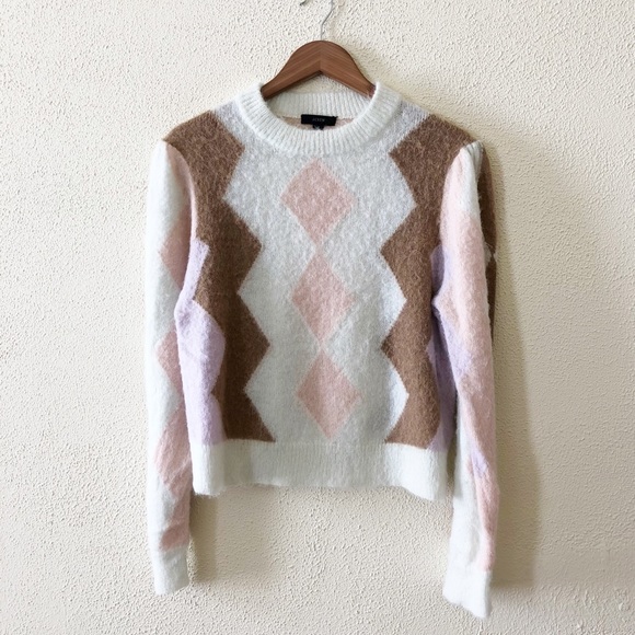 J. Crew Diamond-Checked Argyle Cropped Alpaca Blend Crewneck Sweater M - Picture 2 of 5